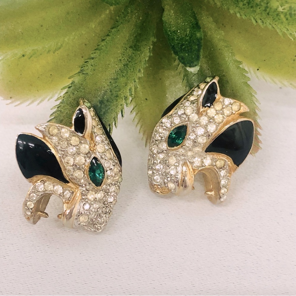 Vintage Rhinestone Panther Head Clip On Earrings